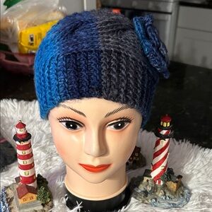 Blue and Gray Knit Headband with Flower